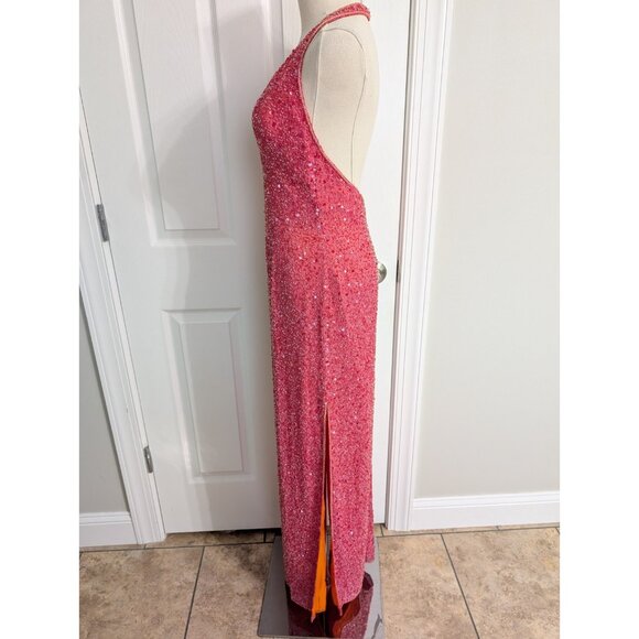 Vintage Y2K Scala Beaded Silk Halter Key Hole Backless Pink Double Slit Gown M - Picture 5 of 15